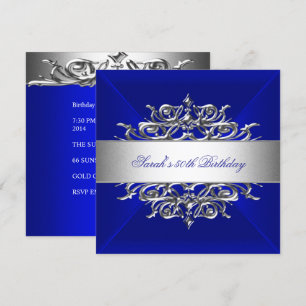 Invitation Royal Blue On Silver 50th Birthday Party