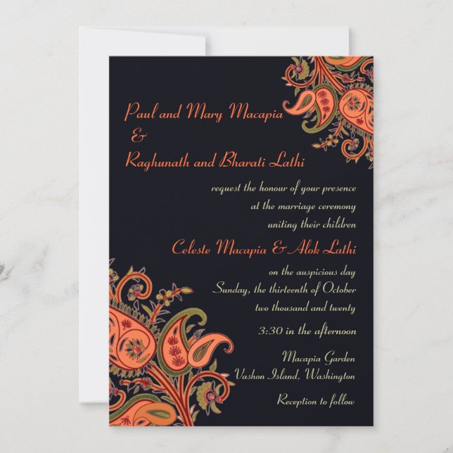 Invitation Royal Blue Orange Paisley Floral Mariage indien (Devant)