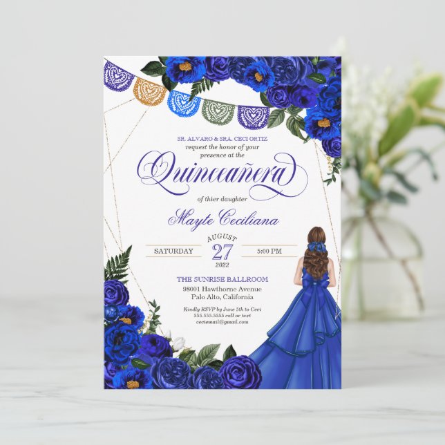 Invitation Royal Blue Papel Picado Quinceañera 15e anniversai (Debout devant)