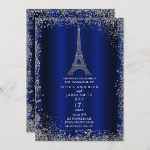 Invitation Royal Blue Parties scintillant Argent Tour Eiffel 