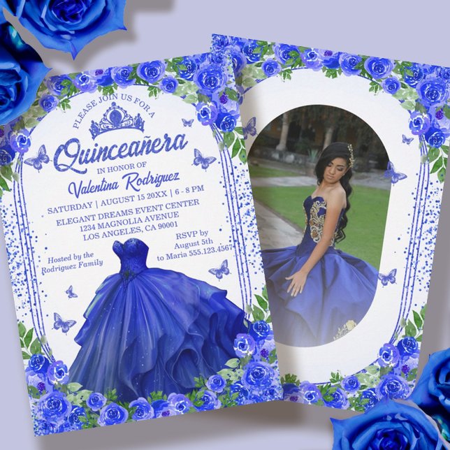 Invitation Royal Blue Parties scintillant Floral Sparkle Quin (Blue Glitter Floral Sparkle Quinceanera Invitation)