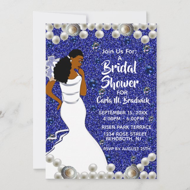 Invitation Royal Blue Pearls Fête des mariées afro-américaine (Devant)