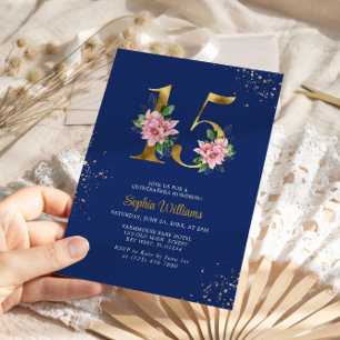 Invitation Royal Blue & Pink Magnolia Floral Quinceanera