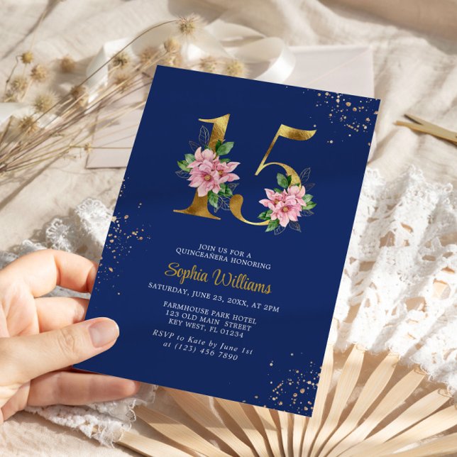 Invitation Royal Blue & Pink Magnolia Floral Quinceanera (Créateur téléchargé)