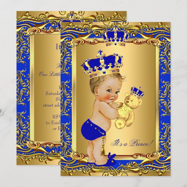 Invitation Royal Blue Prince Baby shower de la couronne Blond (Devant / Derrière)