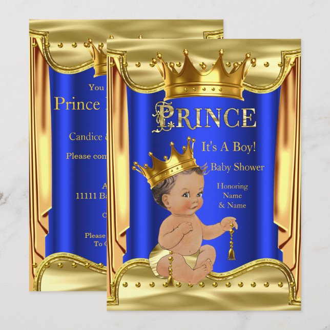 Invitation Royal Blue Prince Baby shower Gold Brunette Boy (Devant / Derrière)
