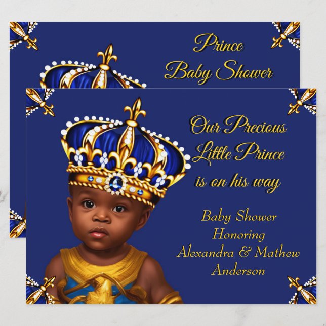 Invitation Royal Blue Prince Boy Baby shower Gold Ethnic (Devant / Derrière)