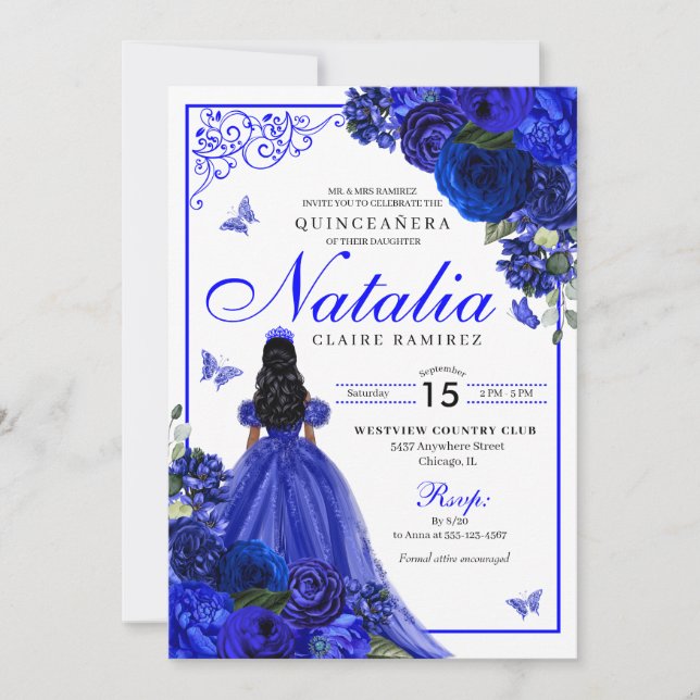 Invitation Royal Blue Princess & Butterflies Quinceañera (Devant)