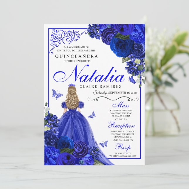 Invitation Royal Blue Princess & Butterflies Quinceañera (Debout devant)