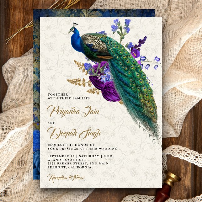 Invitation Royal Blue Purple Floral Indien Mariage Peacock (Créateur téléchargé)