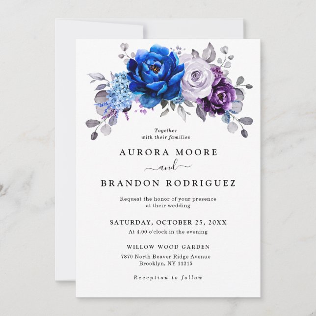 Invitation Royal Blue Purple Navy Lilac Blooms Wedding (Devant)