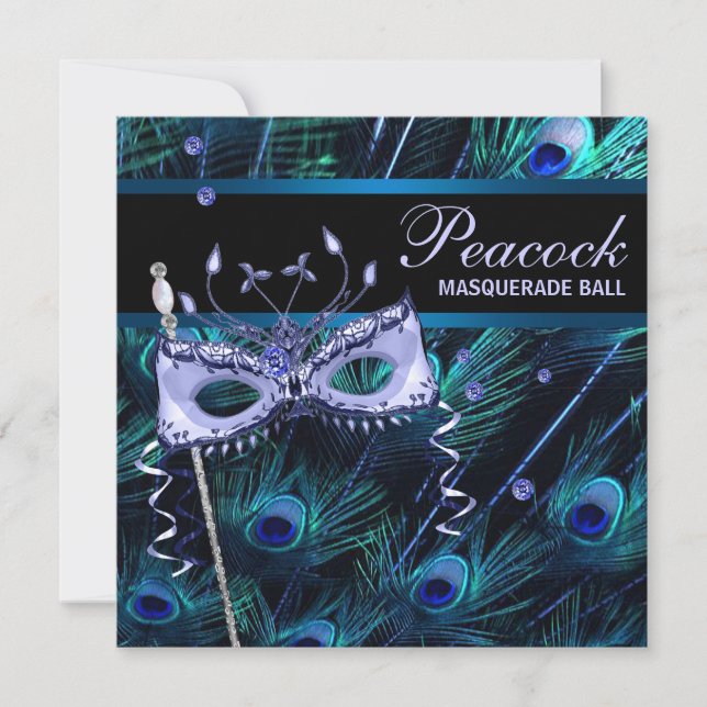 Invitation Royal Blue Purple Peacock Masquerade Party (Devant)