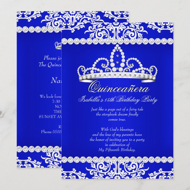 Invitation Royal Blue Quinceanera 15e anniversaire fête Tiara (Devant / Derrière)