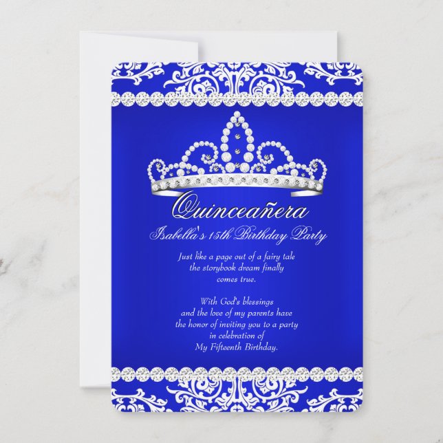 Invitation Royal Blue Quinceanera 15e anniversaire fête Tiara (Devant)