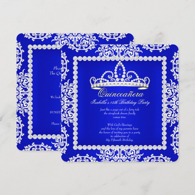 Invitation Royal Blue Quinceanera 15e anniversaire fête Tiara (Devant / Derrière)