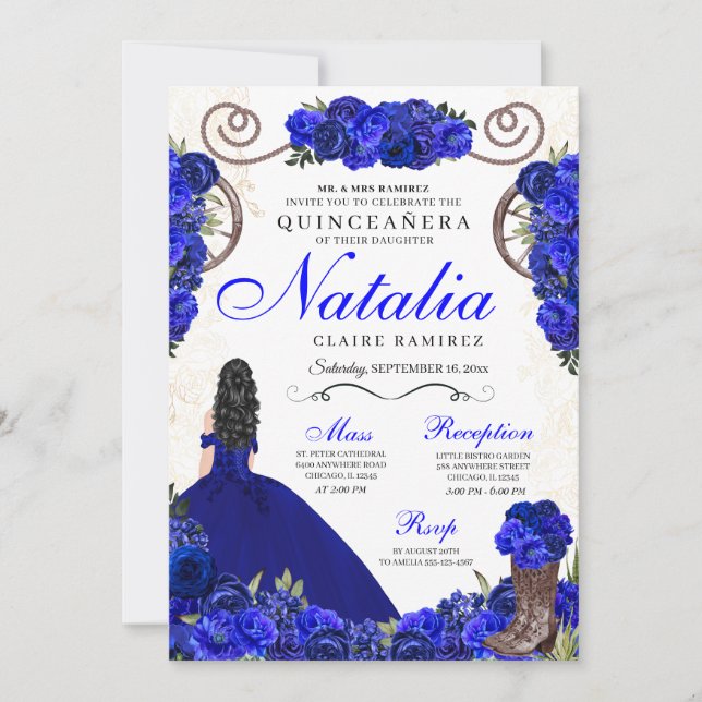 Invitation Royal Blue Ranchero Princess Quinceanera (Devant)