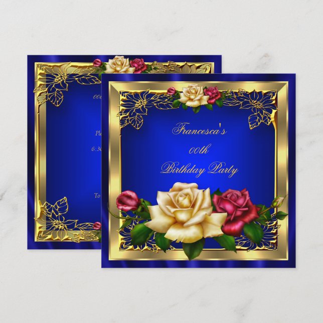 Invitation Royal Blue Red Cream Rose Gold Birthday Party (Devant / Derrière)