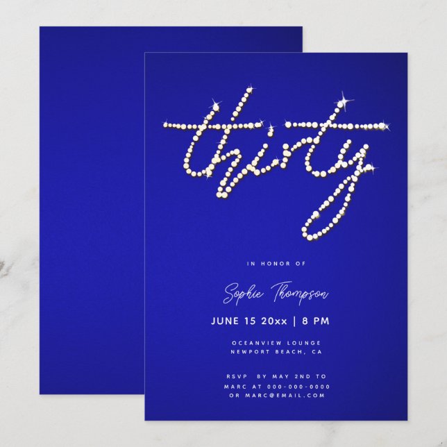 Invitation Royal Blue Rhinestones Calligraphie 30e anniversai (Devant / Derrière)