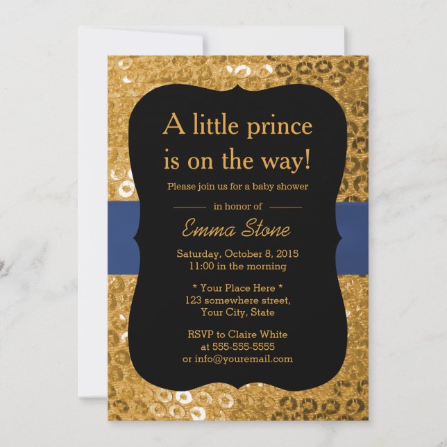 Invitation Royal Blue Ribbon Black & Gold Baby shower (Devant)