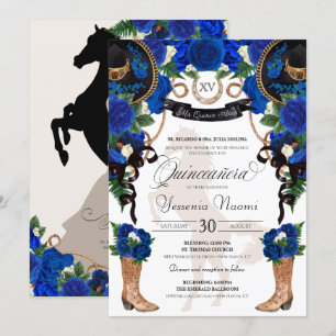 Invitation Royal Blue Rose & Black Western Charro Quinceanera