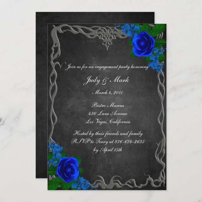 Invitation Royal Blue Rose Chalk Board Fall Engagement Party (Devant / Derrière)