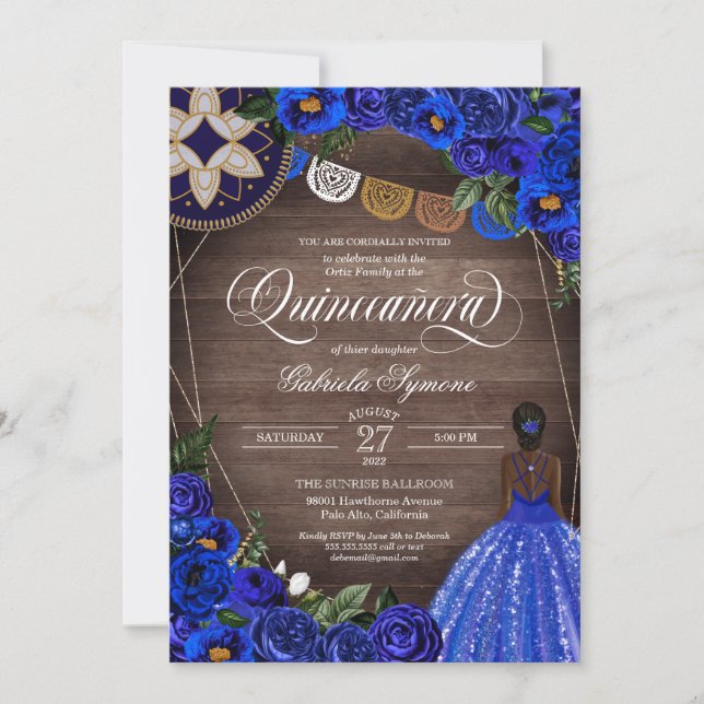 Invitation Royal Blue Rose Charro Pays Glam Quinceanera (Devant)