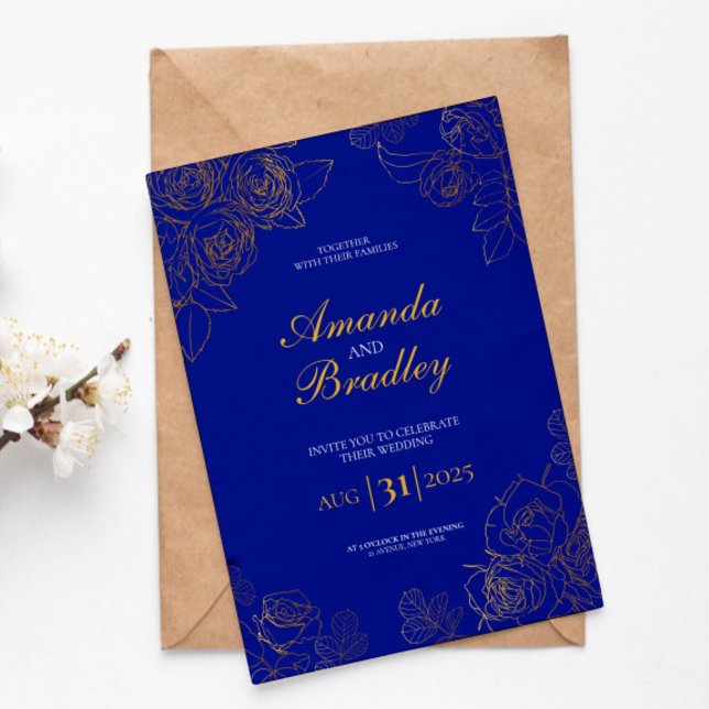 Invitation Royal Blue Rose Fancy Gold Lace QR Code Mariage (Créateur téléchargé)