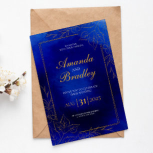 Invitation Royal Blue Rose Fancy Gold Lace QR Code Mariage