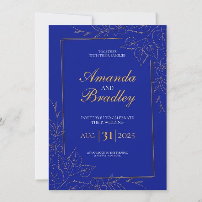 Invitation Royal Blue Rose Fancy Gold Lace QR Code Mariage (Devant)