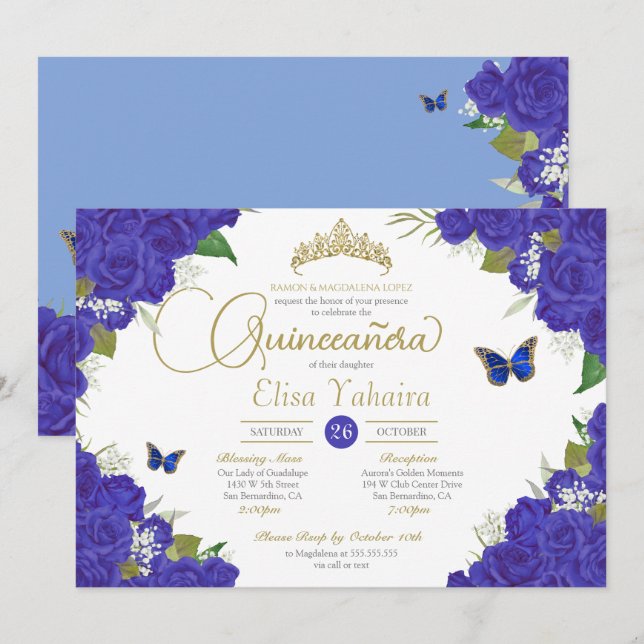 Invitation Royal Blue Rose Floral Tiara Butterfly Quinceanera (Devant / Derrière)