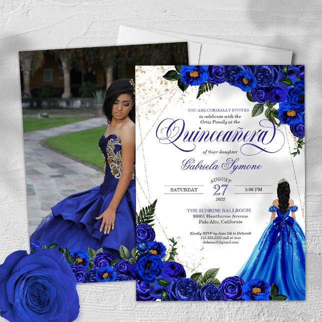 Invitation Royal Blue Rose & Gold Elegant Photo Quinceañera (Créateur téléchargé)