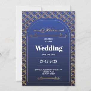 Invitation Royal Blue Rose Gold Lace QR Code Musulman Mariage