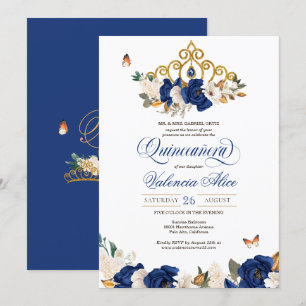 Invitation Royal Blue Rose Gold Tiara Butterfly Quinceañera