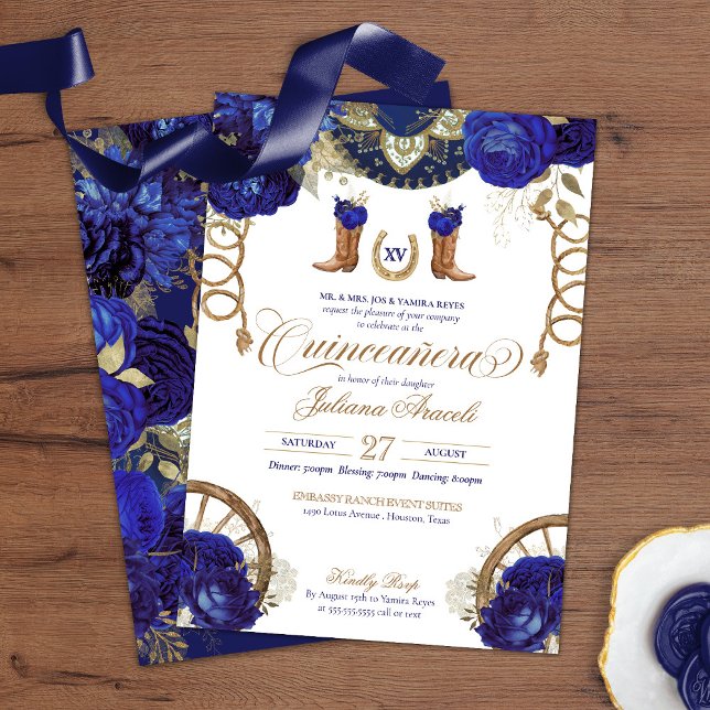 Invitation Royal Blue Rose Pays Ouest Charro Quinceanera (Créateur téléchargé)