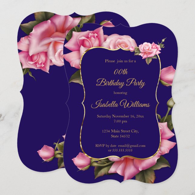 Invitation Royal Blue rose Rose floral or fête d'anniversaire (Devant / Derrière)
