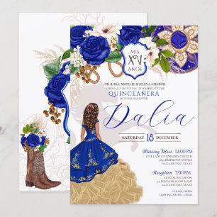 Invitation Royal Blue Rose Western Charro Quinceañera
