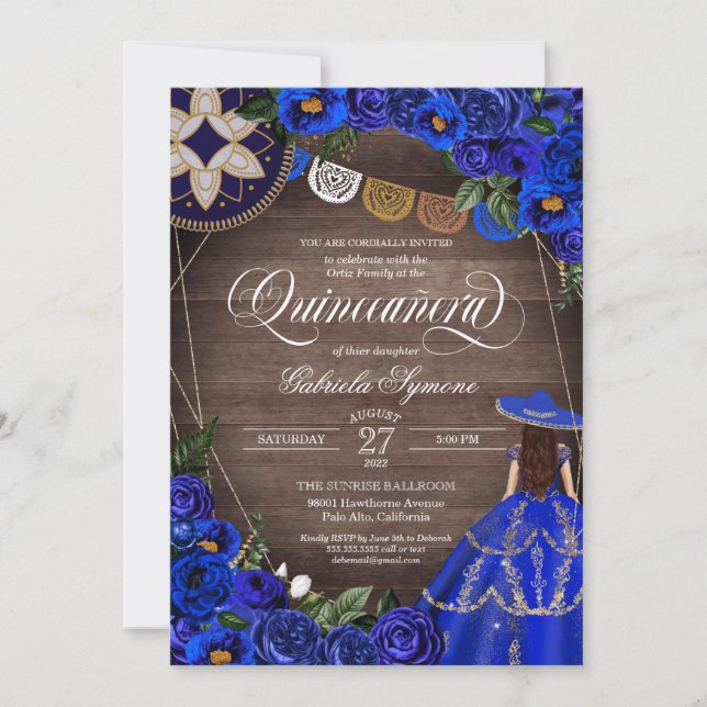 Invitation Royal Blue Rose Western Charro Rustic Quinceanera  (Devant)