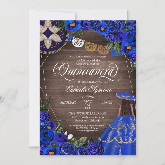 Invitation Royal Blue Rose Western Charro Rustic Quinceanera (Devant)