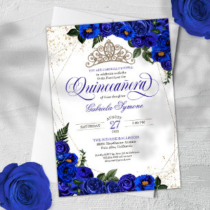 Invitation Royal Blue Roses & Gold Tiara Elegant Quinceañera