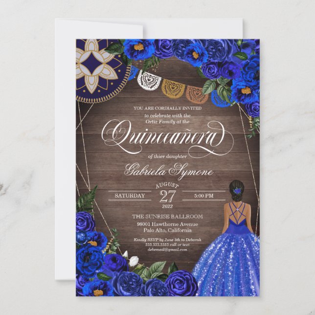Invitation Royal Blue Roses Pays Charro Quinceanera (Devant)