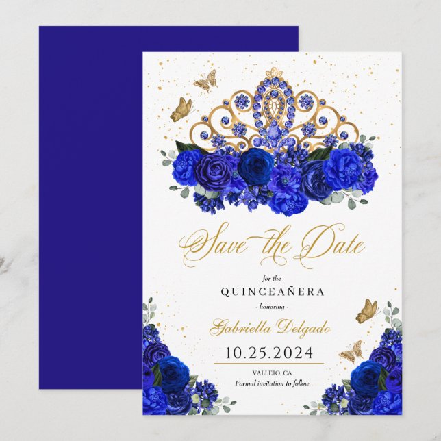 Invitation Royal Blue Roses Tiara Sauvez La Date Quinceañera (Devant / Derrière)
