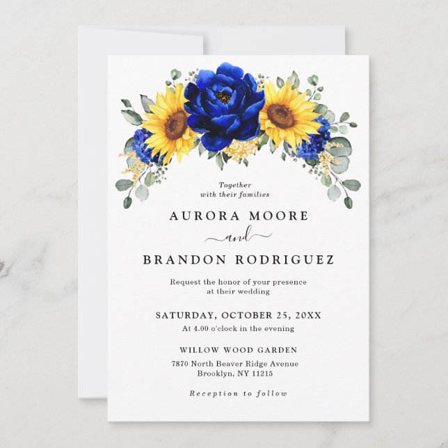 Invitation Royal Blue Rustic Tournesol Moderne Floral Mariage (Devant)