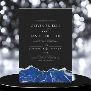 Invitation Royal Blue Silver Agate Élégant Mariage moderne