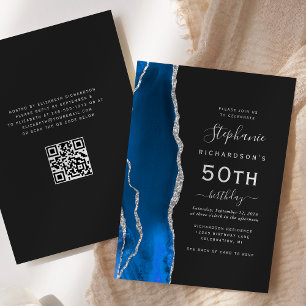 Invitation Royal Blue Silver Agate QR Code 50e anniversaire