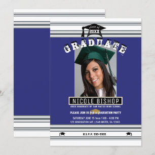 Invitation Royal Blue Silver Elegant Photo Party Graduation  