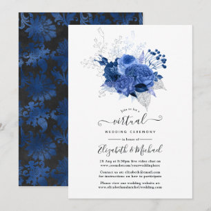 Invitation Royal Blue & Silver Floral Mariage virtuel en lign