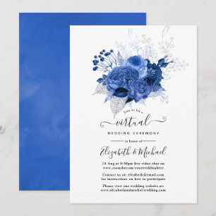 Invitation Royal Blue & Silver Floral Mariage virtuel en lign