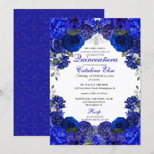 Invitation Royal Blue & Silver Floral Quinceanera Anniversair