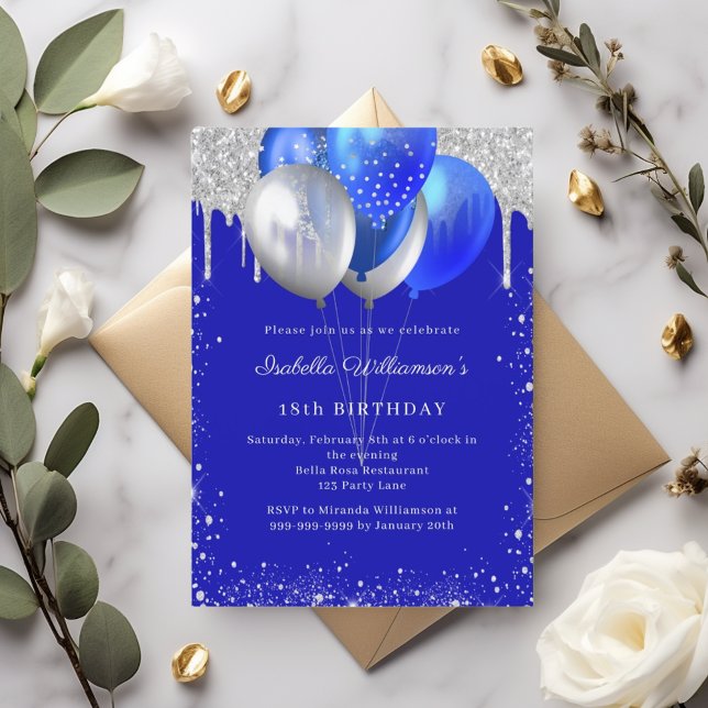 Invitation Royal blue silver glitter balloons birthday (Créateur téléchargé)
