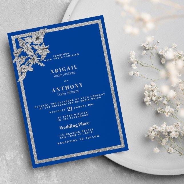 Invitation Royal Blue Silver Parties scintillant Floral éléga (Royal Blue Silver Glitter Floral Stylish Wedding Invitation )
